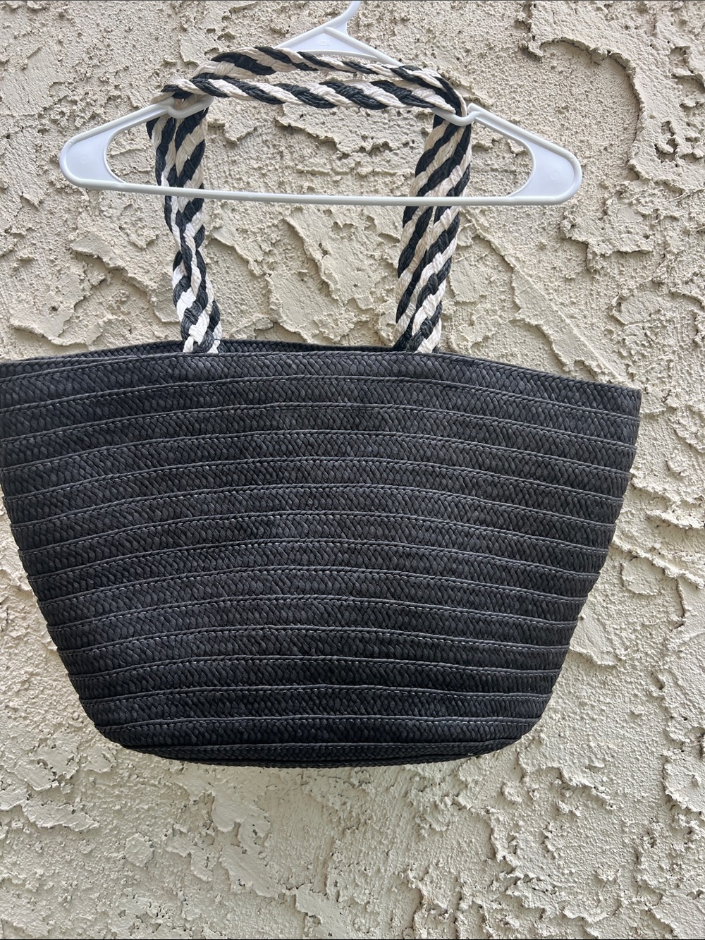 Rachel Zoe Black Straw Tote with Black-and-White Twisted Rope Handles
